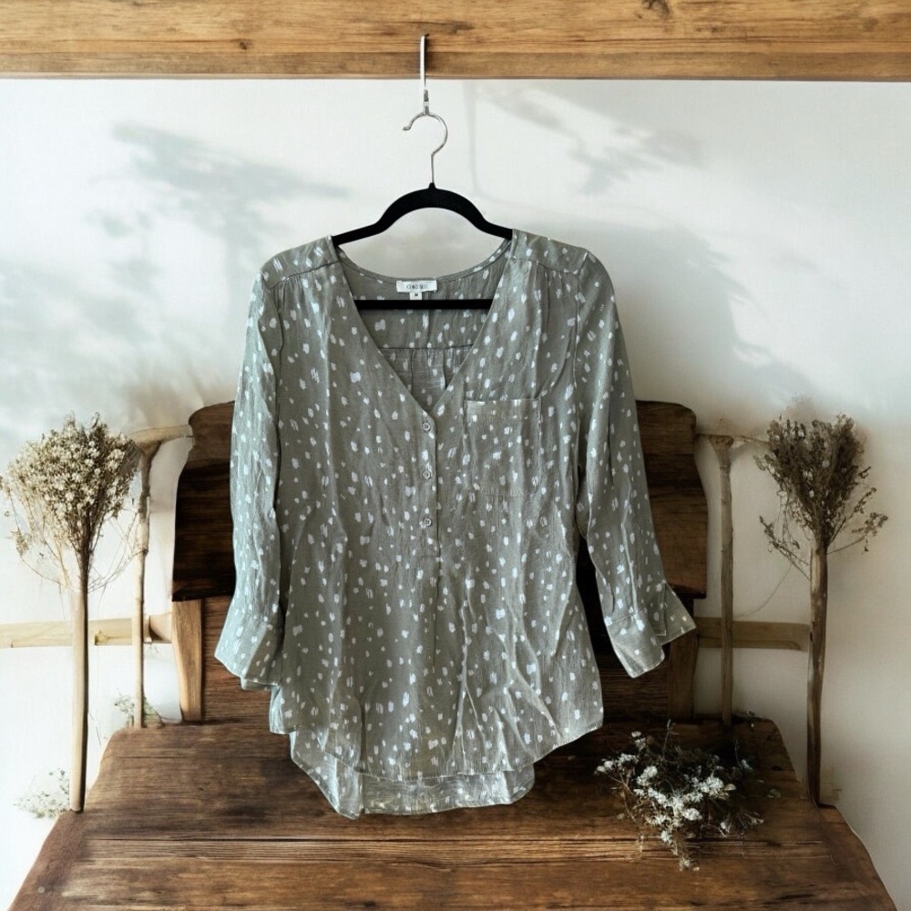Como Blu Earthy Sage Green Top with White Polka Dot Print